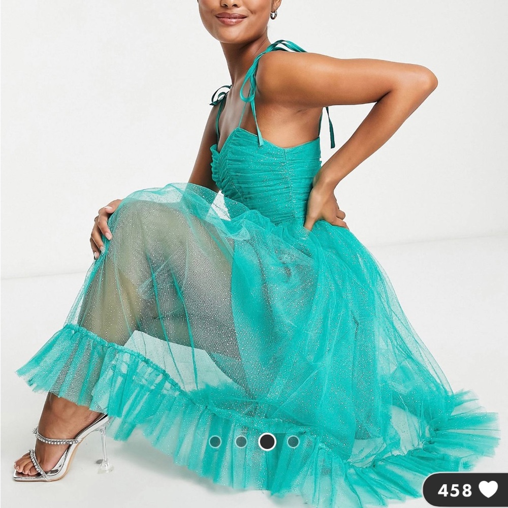 Collective the Label Petite tie shoulder ruched midi dress in Emerald Glitter 👗